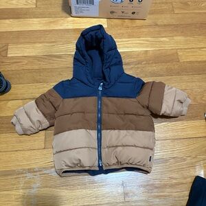 BABY Colorblock Puffer Jacket in Navy, Brown, Tan